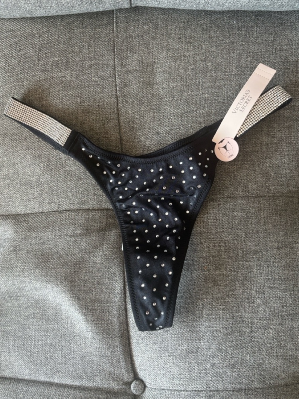 Victoria’s Secret Swim Shine Strap Rhinestone Thong Bikini Bottom XS Black NWT